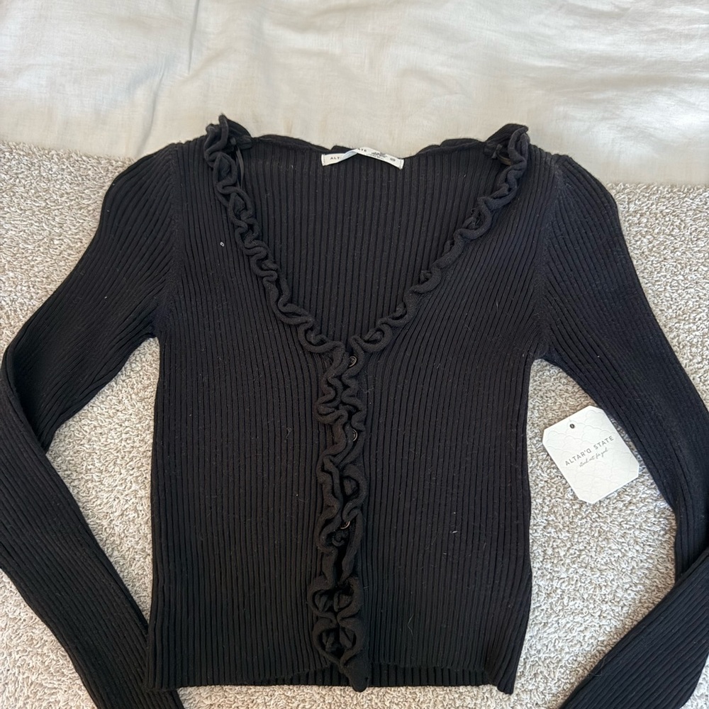 NWT Black Ribbed Cardigan with Ruffle Trim